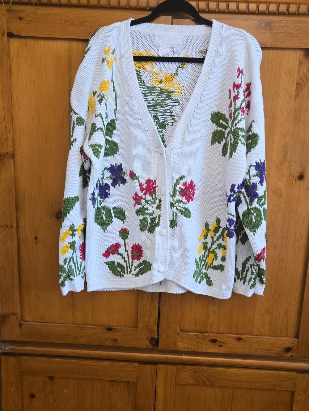 White Floral Knit Button-Front Cardigan Sweater 100% cotton